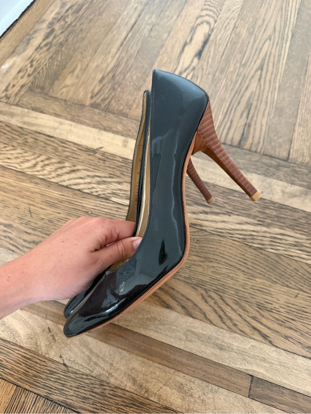 Stuart Weitzman Black Patent Pump with Wood-Tone Stiletto